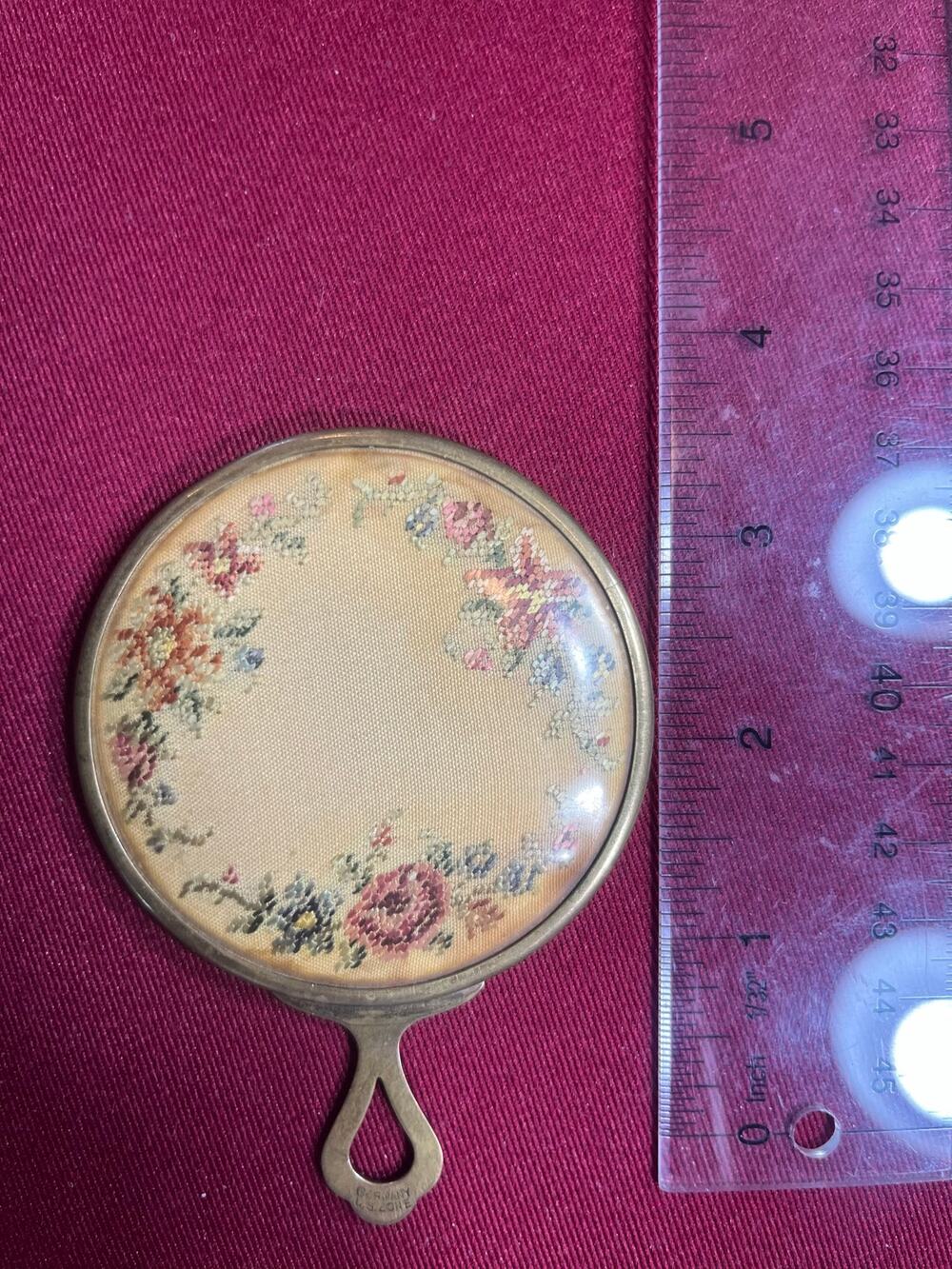 Rare 1940 German Petit Point Purse Mirror Hand Embroidered Floral Compact Mirror